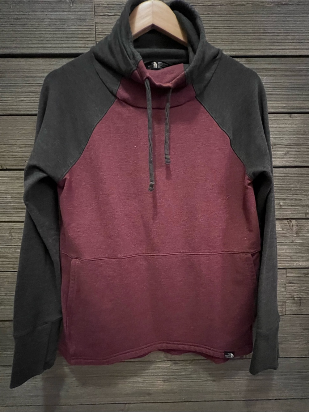 The North Face Woman's Two-Tone Pullover Hoodie in Maroon and Charcoal